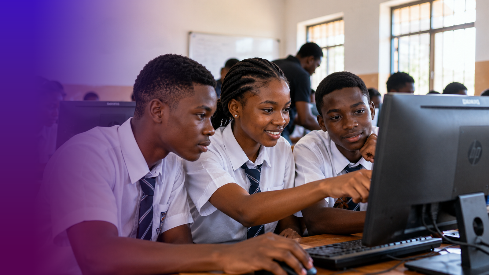 Illustrative DEWIVO artwork showing African learners sharing ideas around a computer